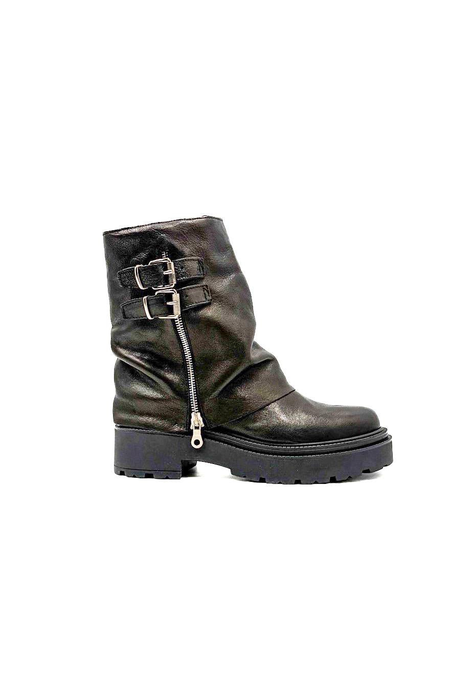 Tronchetto biker in pelle con fibbie DF-117/ NERO DIVINE FOLLIE 