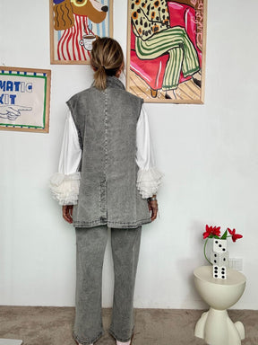 SUSY STAR - Gilet Denim Effetto Lavato con Dettagli Glitter  Rock Chic da Indossare! ST3021/ GRIGIO SUSY STAR 