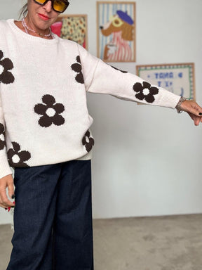 DEJA VU - Maglia oversize con maxi fiori panna A25SS408/ PANNA DEJA VU 