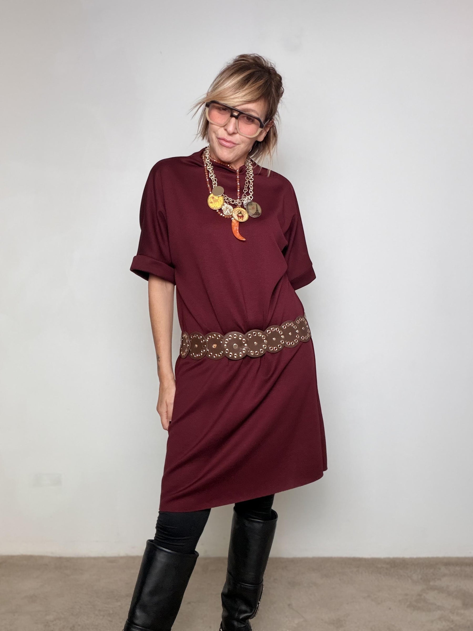 FEMALE - Abito in punto milano con Cintura Traforata in Vita vino 39076KQCLM+P/ VINO FEMALE 