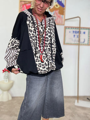 FEMALE -Felpa oversize fantasia animalier e righe R51236/ NERO MULTI FEMALE 