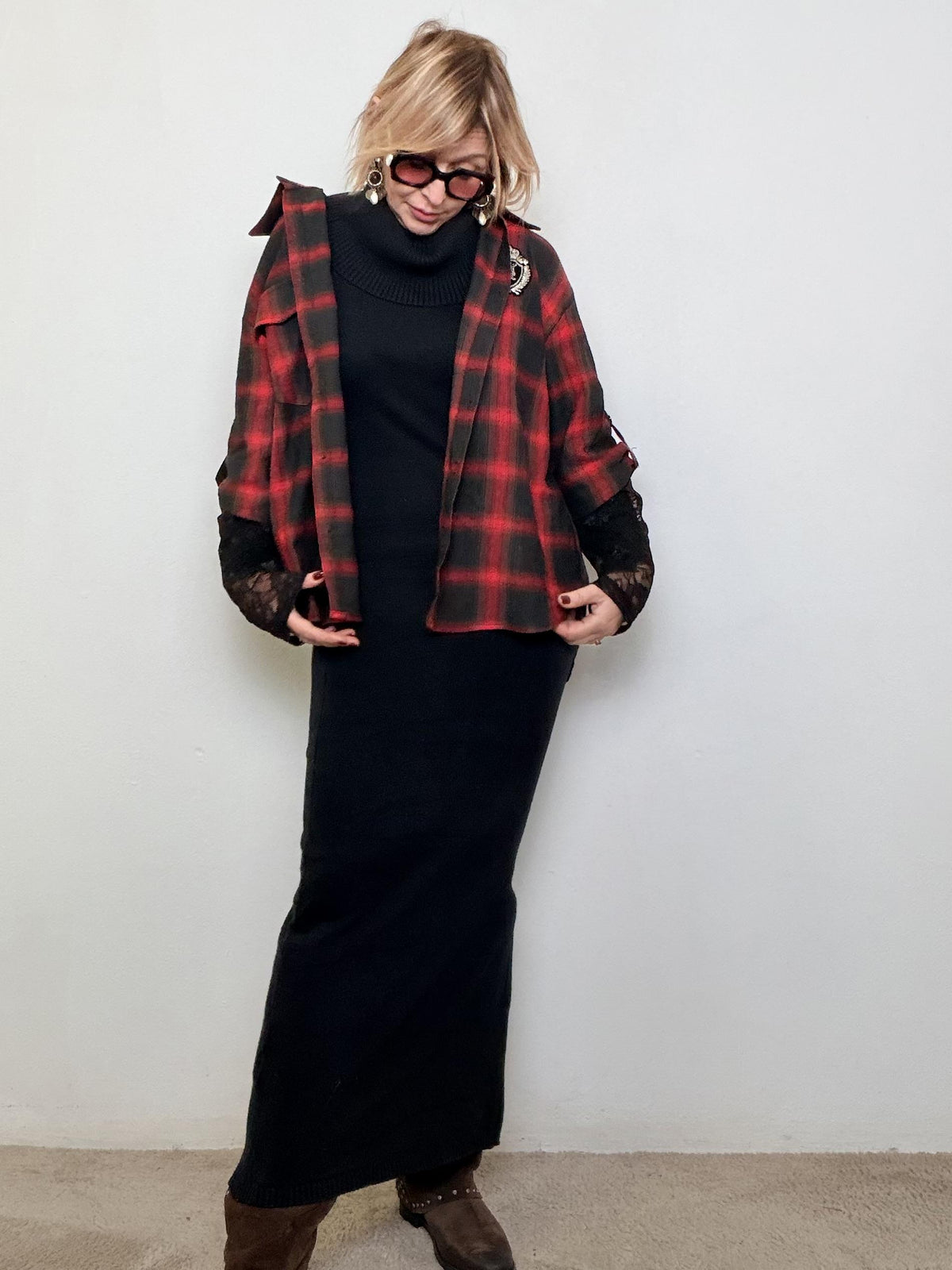 Camicia a Quadri con Dettagli in Pizzo M33073/ ROSSO FEMALE 