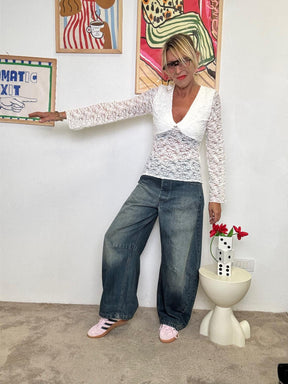 SUSY MIX - <BR/>Maglia in Pizzo Elasticizzato con Scollo a Cuore  Romantica ma con Carattere! CREMA 252026/ CREMA SUSY MIX 