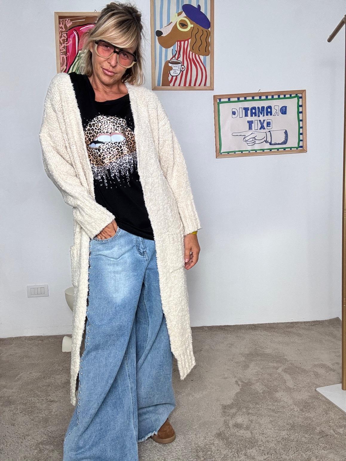 SUSY STAR - Cardigan lungo donna in bouclé crema  morbido, avvolgente e super chic STWK3018/ CREMA SUSY STAR 