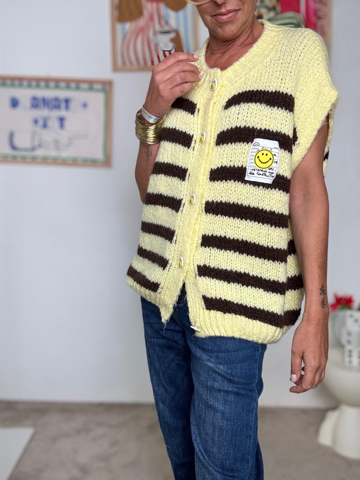 FEMALE - Gilet Smiley Giallo e Marrone  Maglia a Righe Handmade Style, Energia Positiva! CM1752/ GIALLO FEMALE 