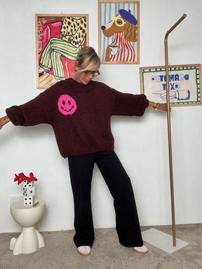 FEMALE - Maglia oversize bordeaux con smile rosa 1598/ BORDEAU FEMALE 