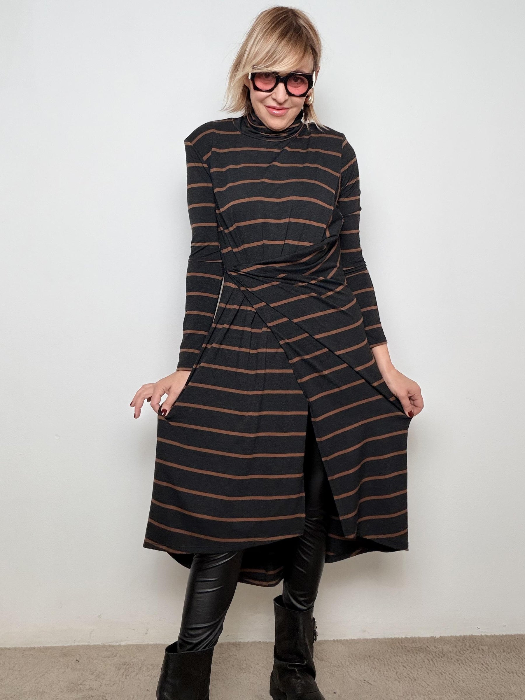 Abito midi a righe con nodo  pratico, furbo e super cool D01E0810/ GRIGIO PHILIA LOFT 