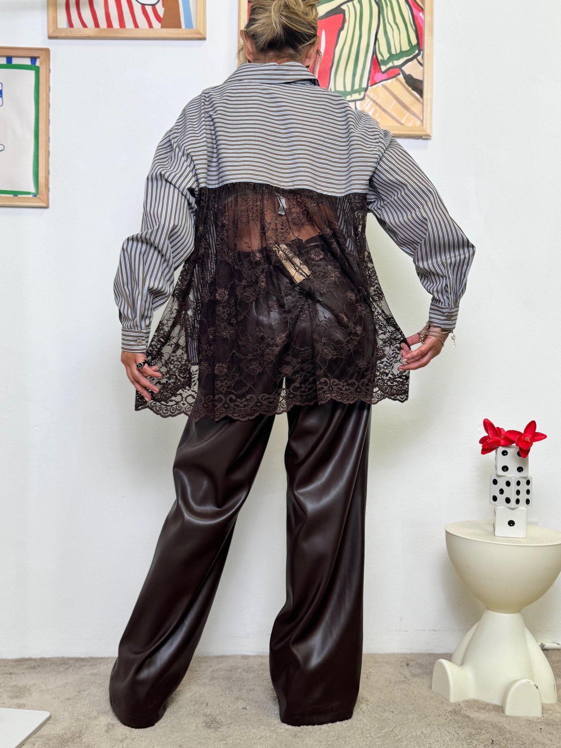 SUSY STAR - Camicia Over a Righe con Schiena in Pizzo CA1169SST975/ MARRONE SUSY STAR 