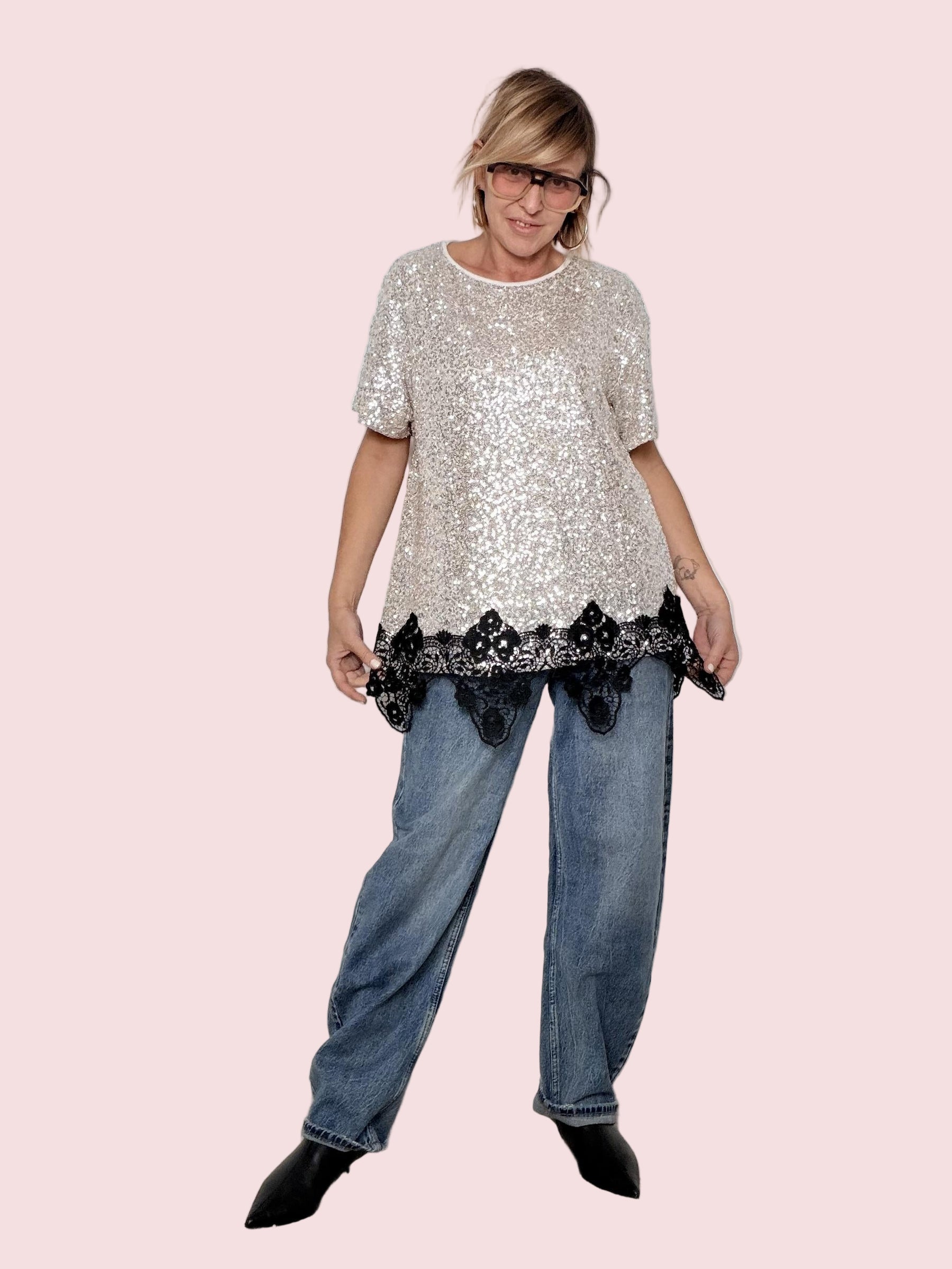 DEJA VU - MAGLIA SPARKLE LACE PLATINO A25DL422/ PLATINO DEJA VU 