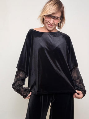 SUSY STAR - Maglia morbida in velluto con maniche in pizzo STSS0005/ NERO SUSY STAR 