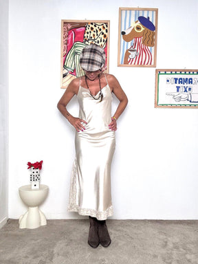 FEMALE - Abito lungo in raso con dettagli in pizzo panna H4163-R6/ PANNA FEMALE 