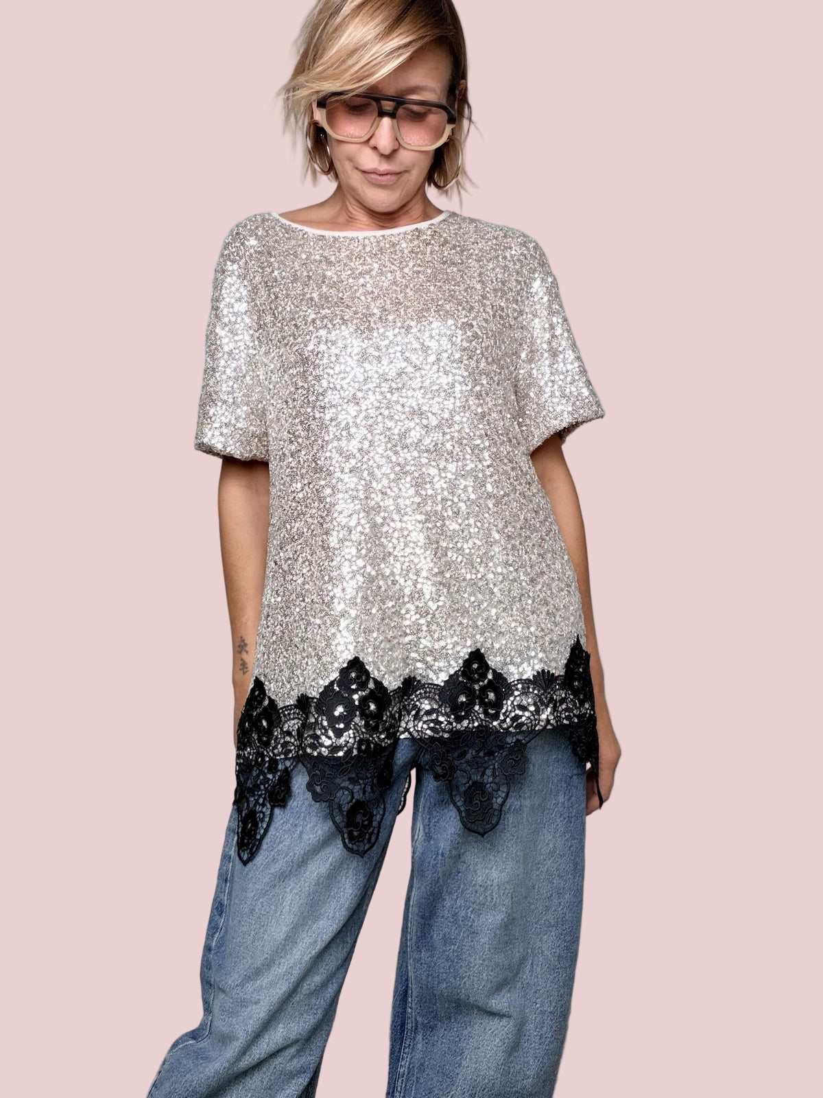 DEJA VU - MAGLIA SPARKLE LACE PLATINO A25DL422/ PLATINO DEJA VU 