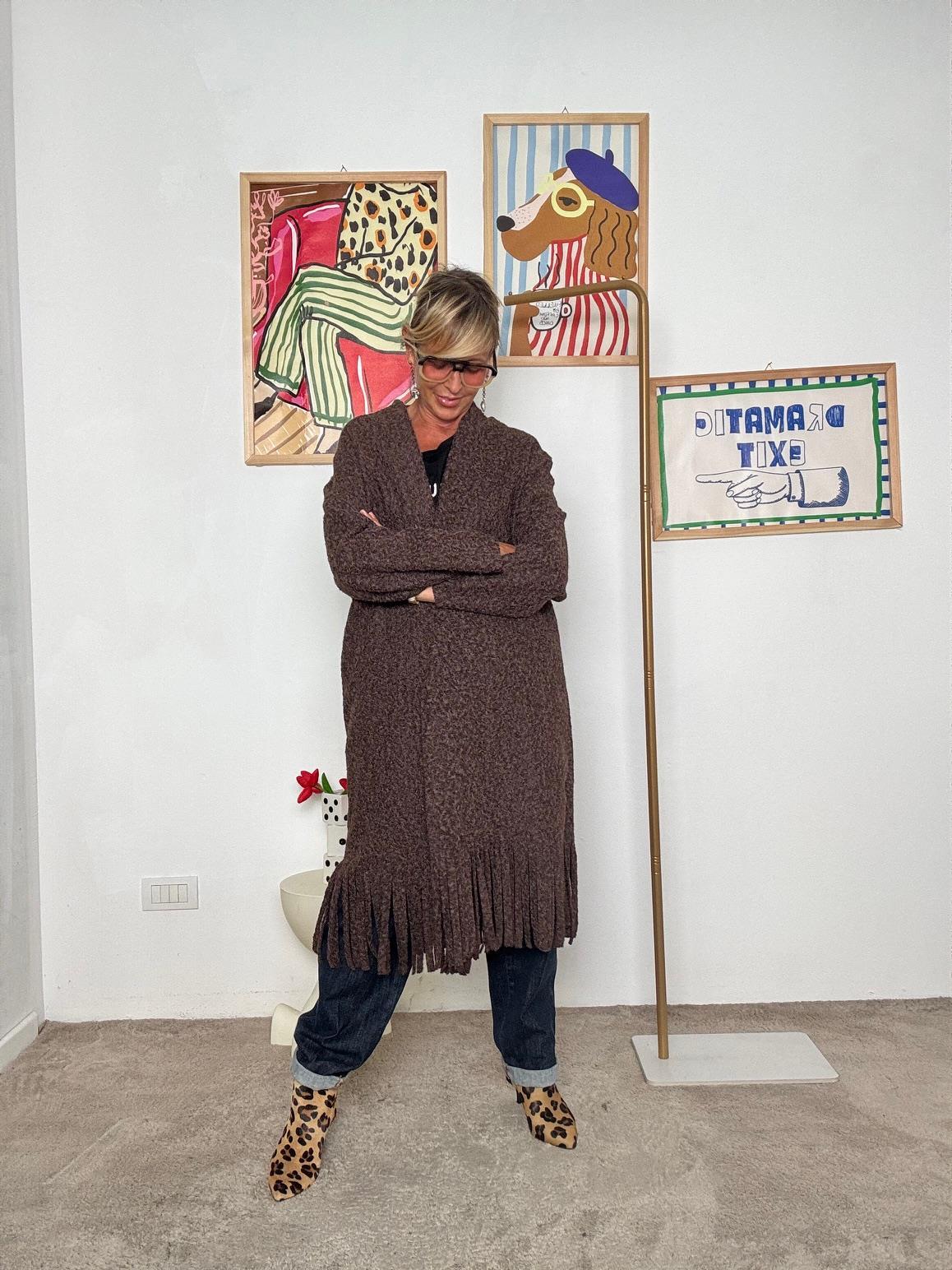 FEMALE - Cardigan lungo donna con frange  stile casual chic e originale moro L5M253/ MORO FEMALE 