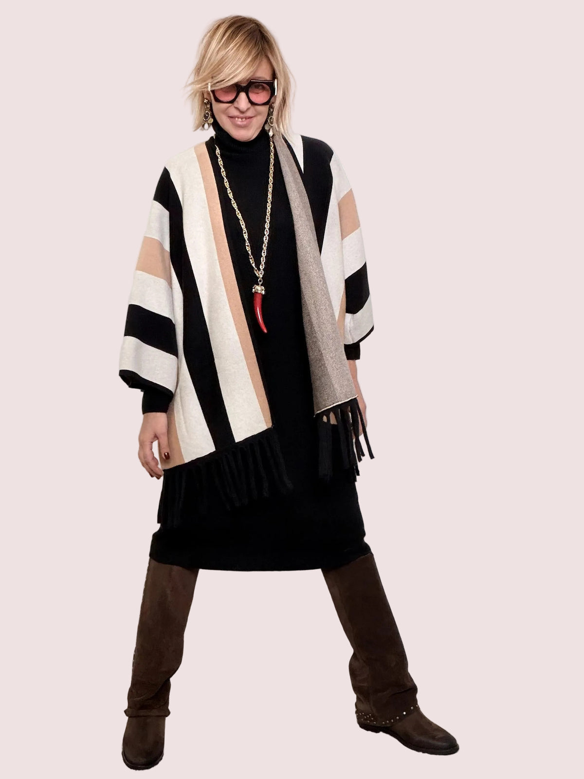 Cardigan Oversize a Righe con Frange ZS5331/ PANNA FEMALE 