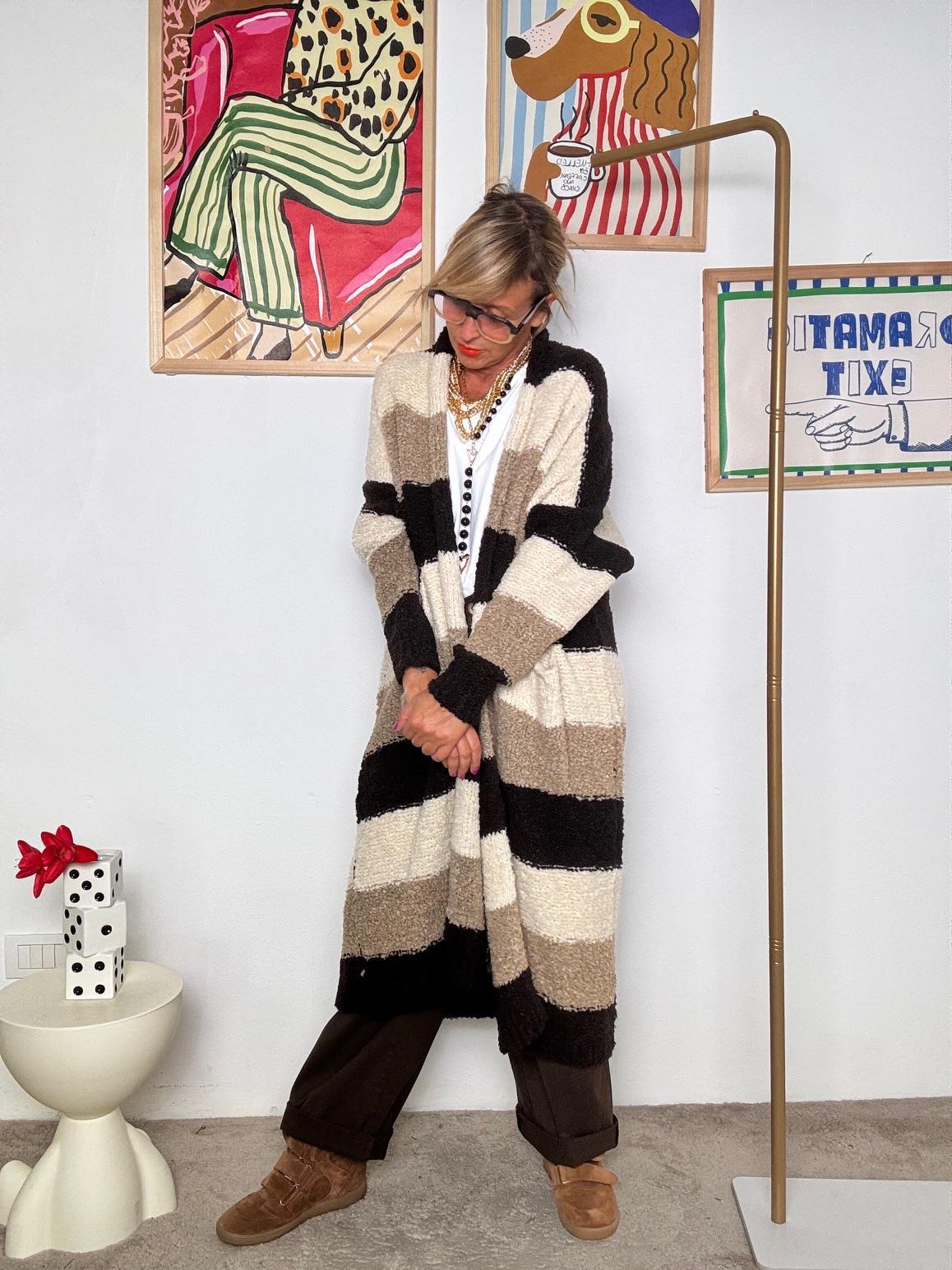 SUSY MIX -Cardigan lungo oversize a righe  marrone panna beige e nero 3W06/ MORO SUSY MIX 