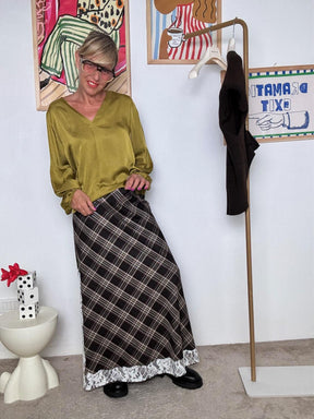 HAVE ONE - Gonna lunga a quadri con pizzo e spacco laterale GSO-P021/ CHECK MORO HAVE ONE 