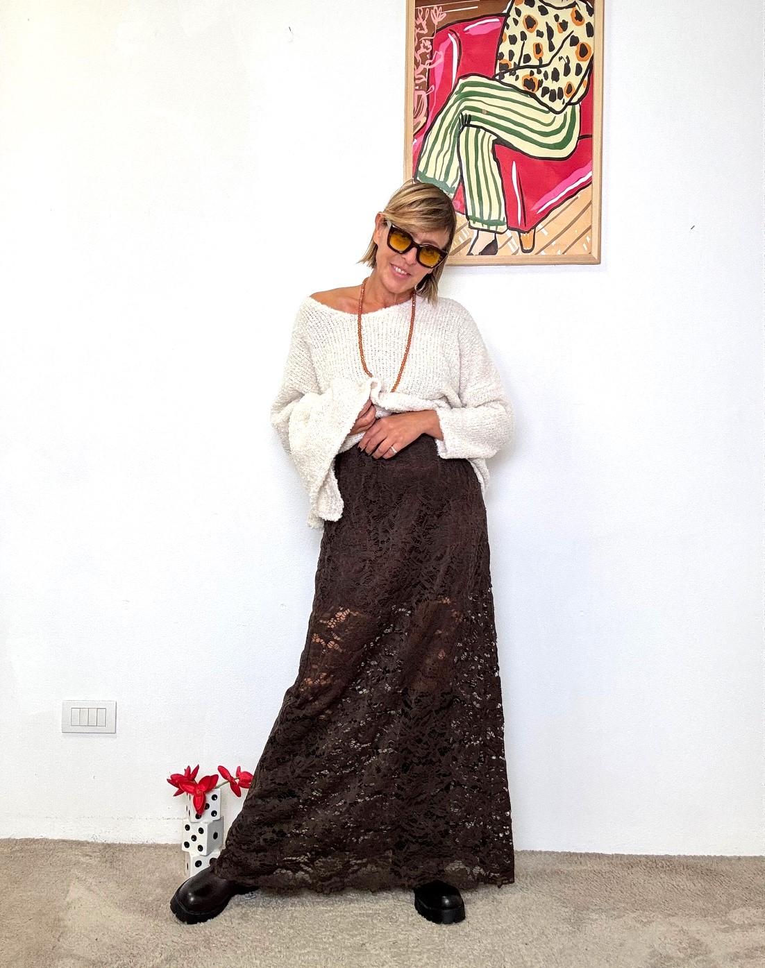 FEMALE - Gonna lunga in pizzo raffinata e romantica MORO A6923-W6/ MORO FEMALE 