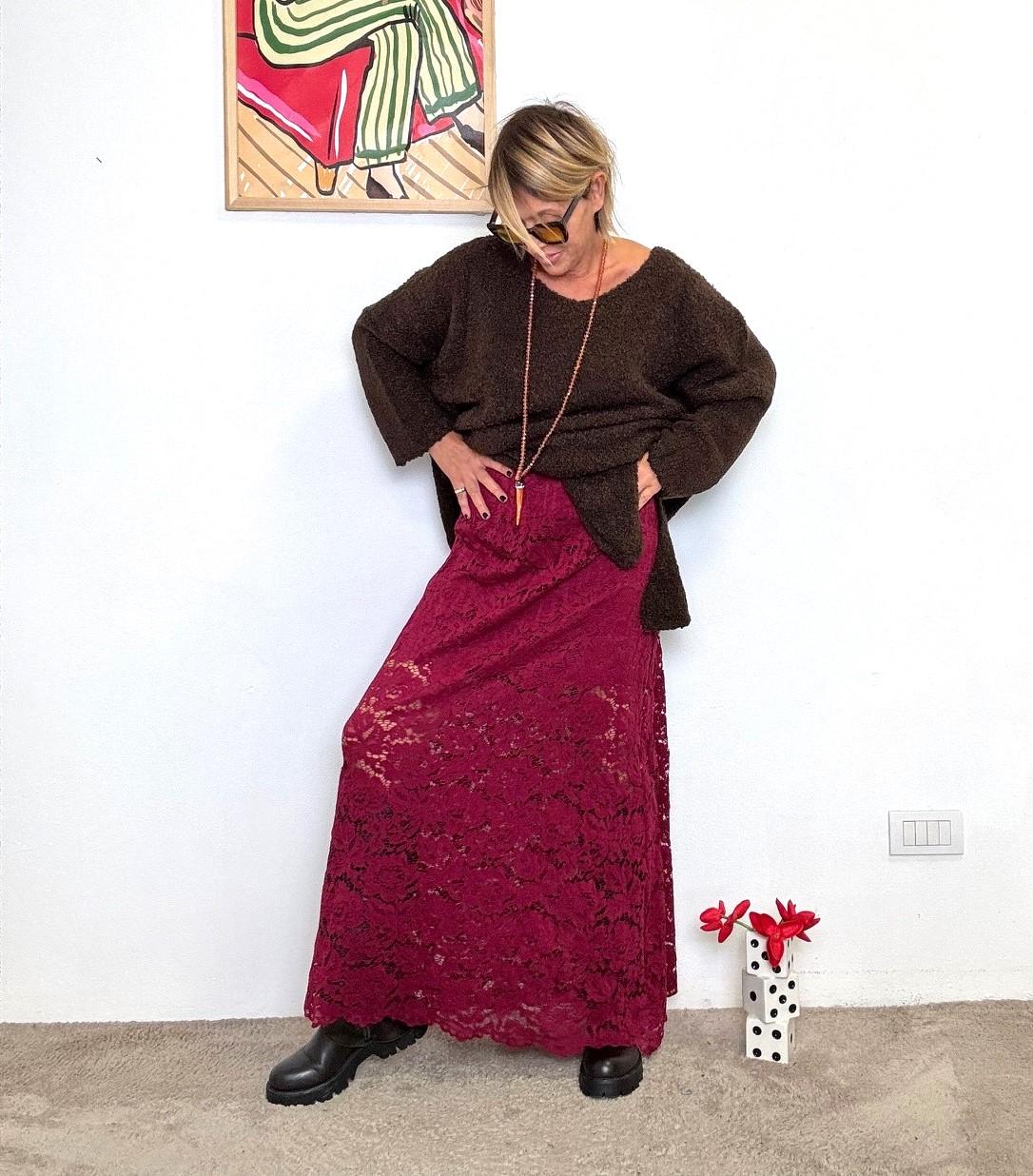 FEMALE - Gonna lunga in pizzo raffinata e romantica BORDEAUX A6923-W6/ BORDEAUX FEMALE 