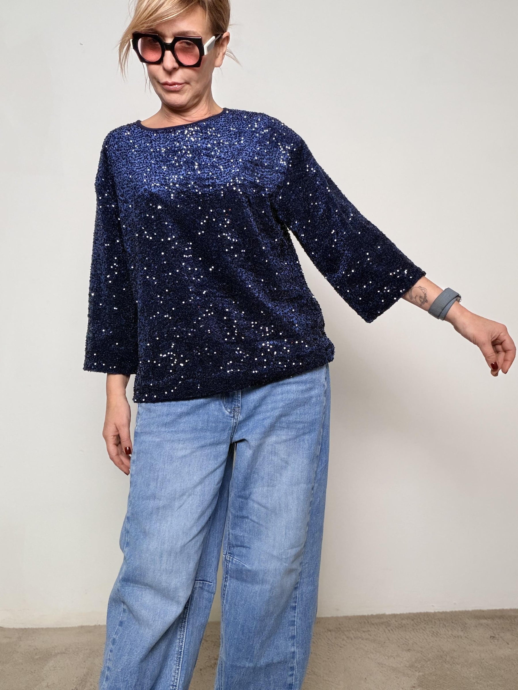 DEJA VU - Maglia  over  paillettes effetto luce A25DL414/ BLU DEJA VU 