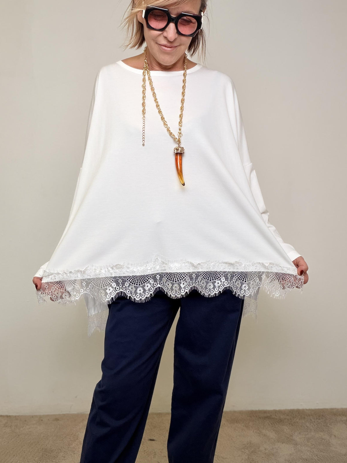 DEJA VU - MAGLIA SOFT CON PIZZO BIANCA A25FL405/ BIANCO DEJA VU 