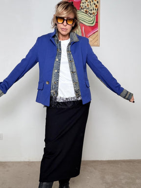 FEMALE - Giacca avio con profili in jeans  eleganza versatile con un tocco grintoso Z101/ AVIO FEMALE 