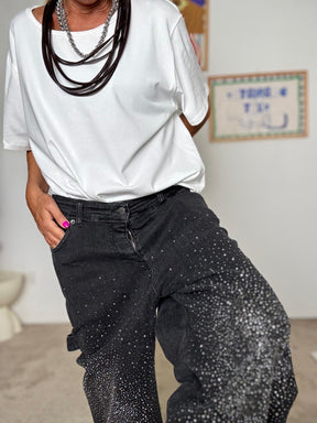 SUSY STAR - Jeans neri donna con strass  denim brillante e grintoso<BR/><BR/> ST3030/ NERO SUSY STAR 