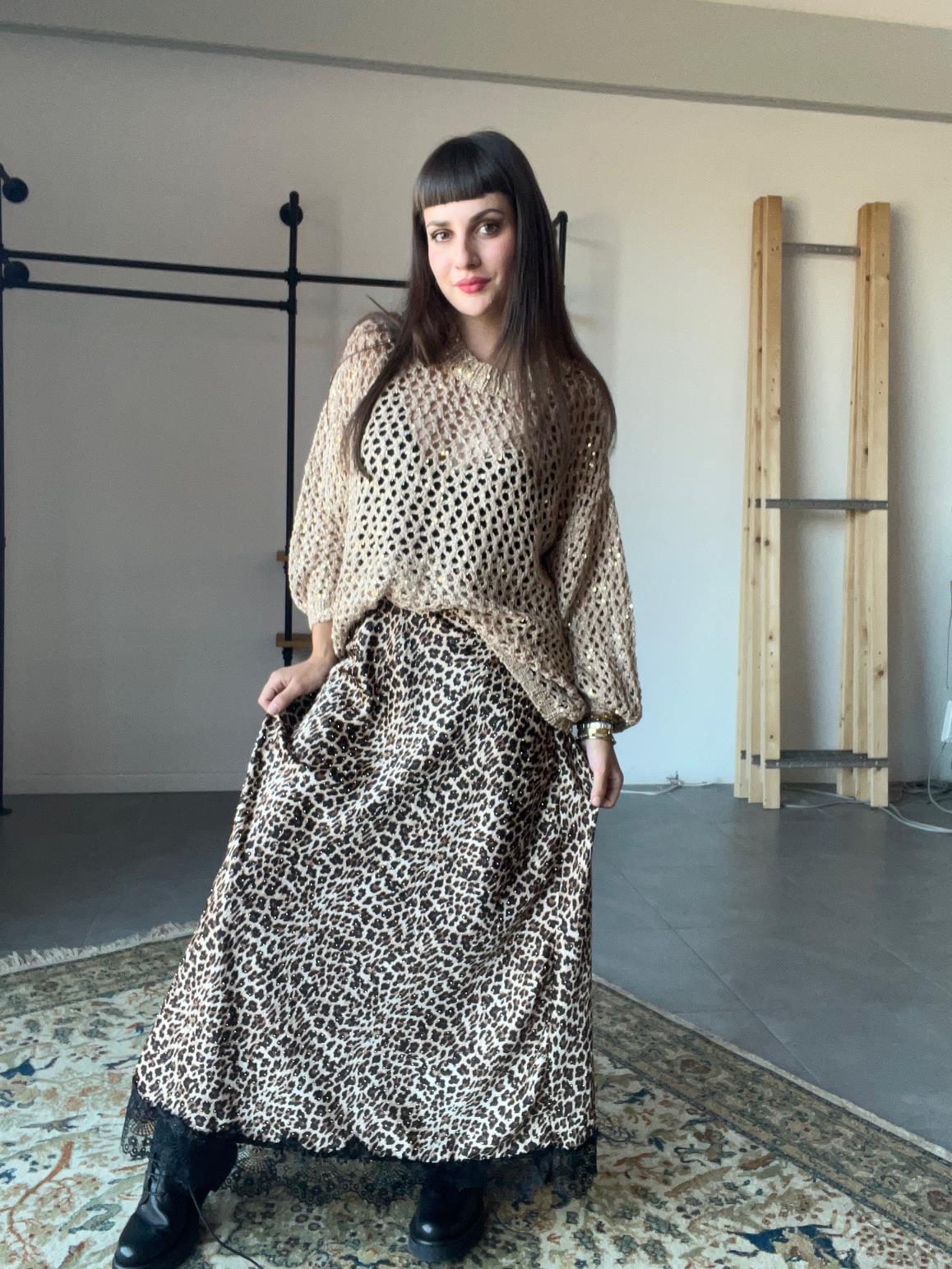 FEMALE_ Gonna animalier con balza in pizzo "Wild & Chic" 38165ZGTZBW/ ANIMALIER FEMALE 