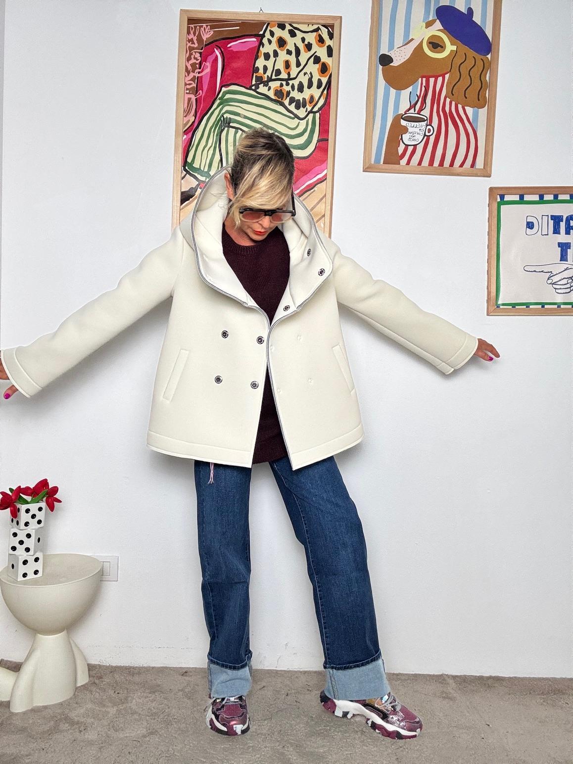 DEJA VU - Giacca donna in neoprene con collo ampio  stile urban chic panna A25UN607/ PANNA DEJA VU 