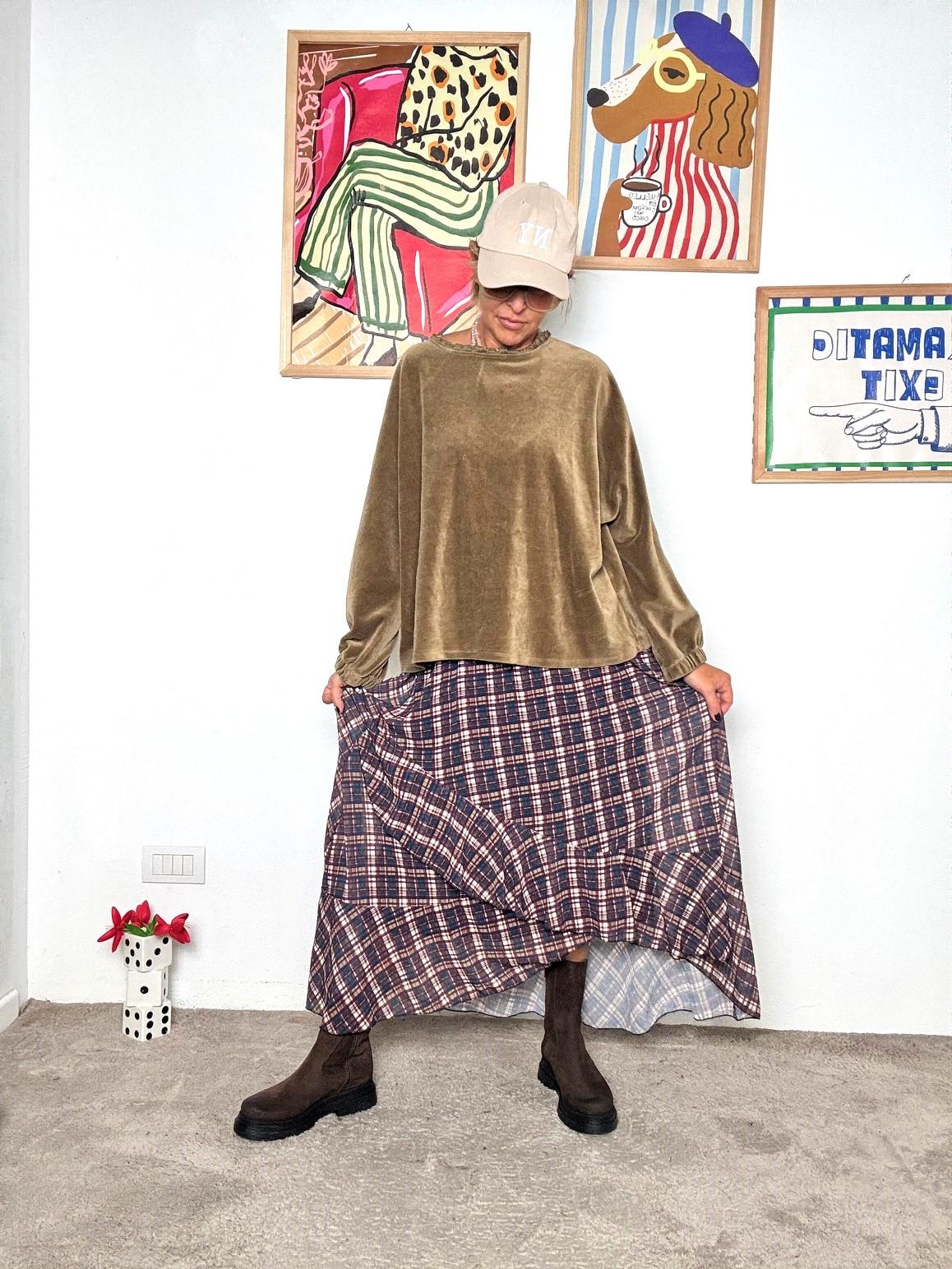 FEMALE - Gonna Lunga a Quadri con Balza BLU G11895/ BLU FEMALE 