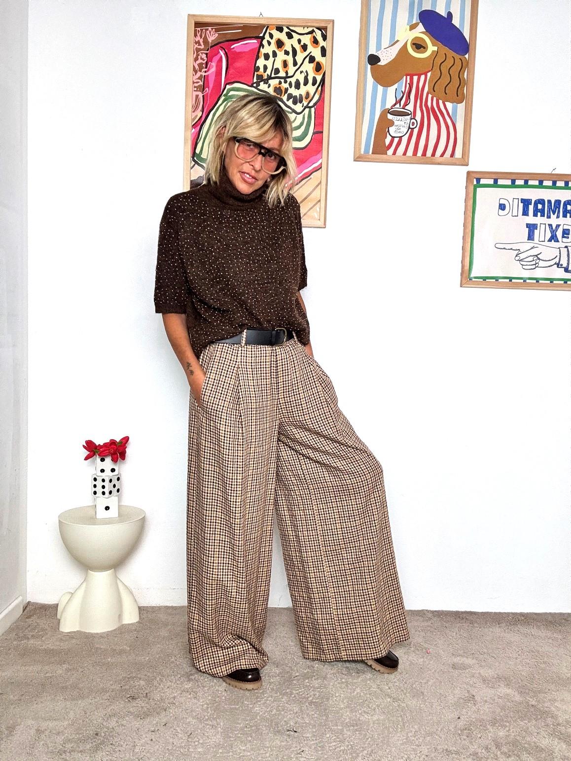 SOUVENIR - Pantalone a palazzo pied de poule  Eleganza comoda e senza tempo M38F0768/ CAMMELLO SOUVENIR 