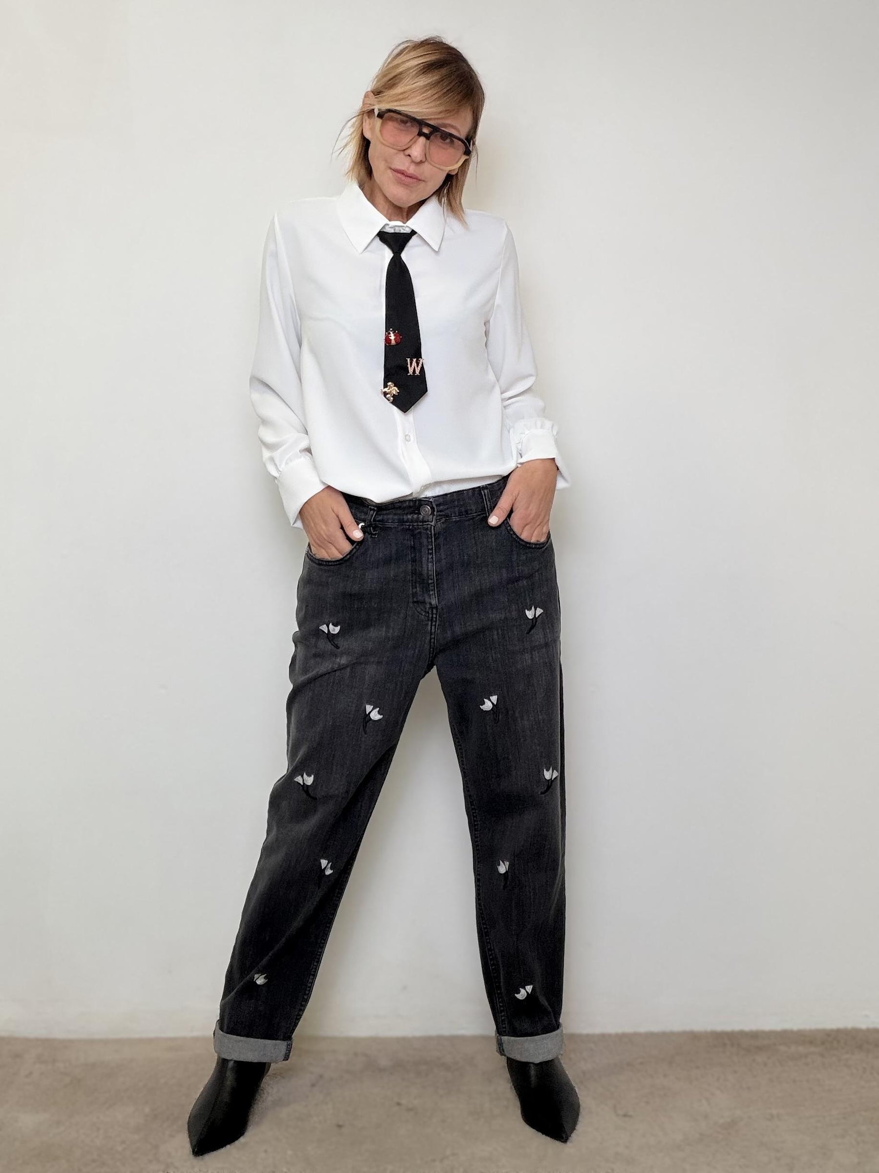 DEJA VU - Jeans Flower Rebel A25LH209/ NERO DEJA VU 