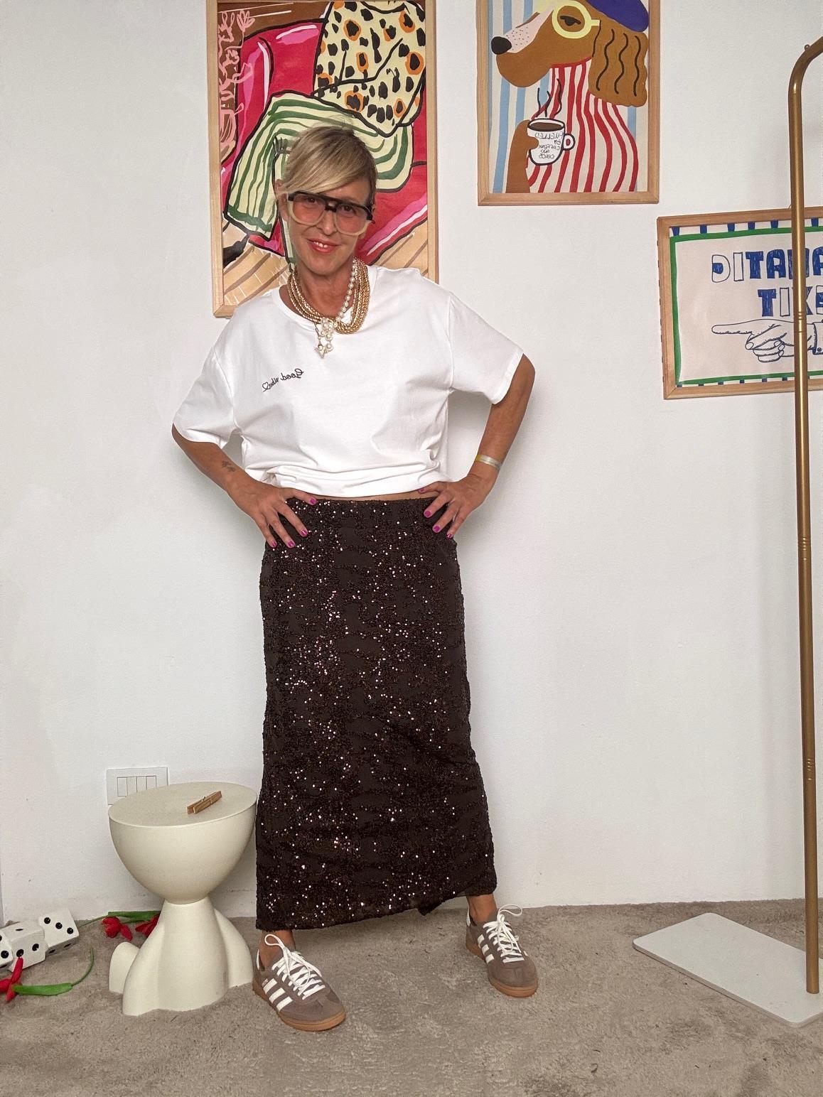 DEJA VU - Gonna Lunga MORO con Paillettes  Elegante, Brillante e Versatile A25RU301 / MORO DEJA VU 