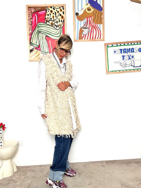 SUSY STAR - Gilet lungo in lana bouclé beige  stile boho chic ST3WB181/ CREMA SUSY STAR 