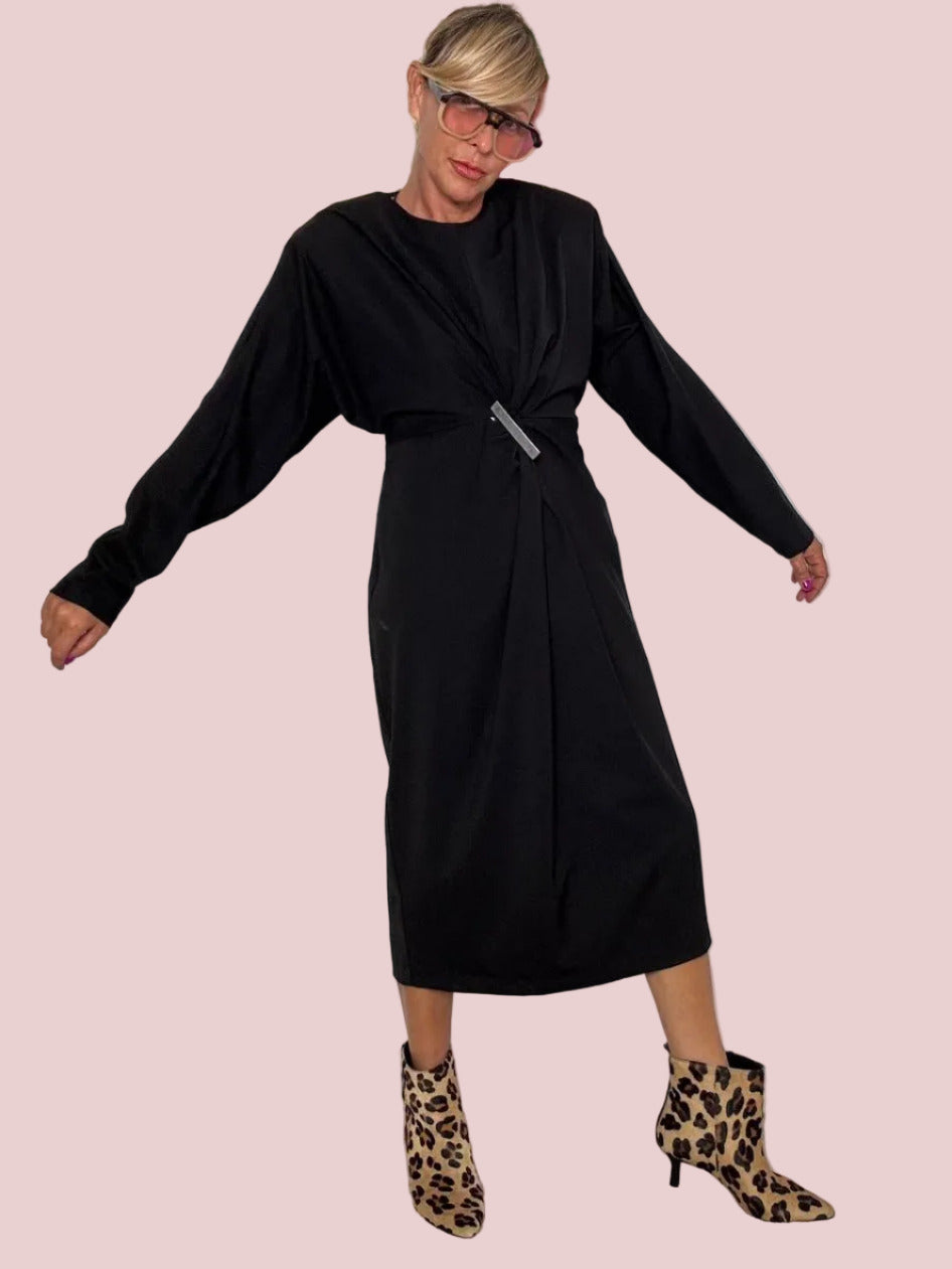 SOUVENIR - Abito nero midi donna con drappeggio  elegante, moderno e super chic F38X0137/ NERO SOUVENIR 