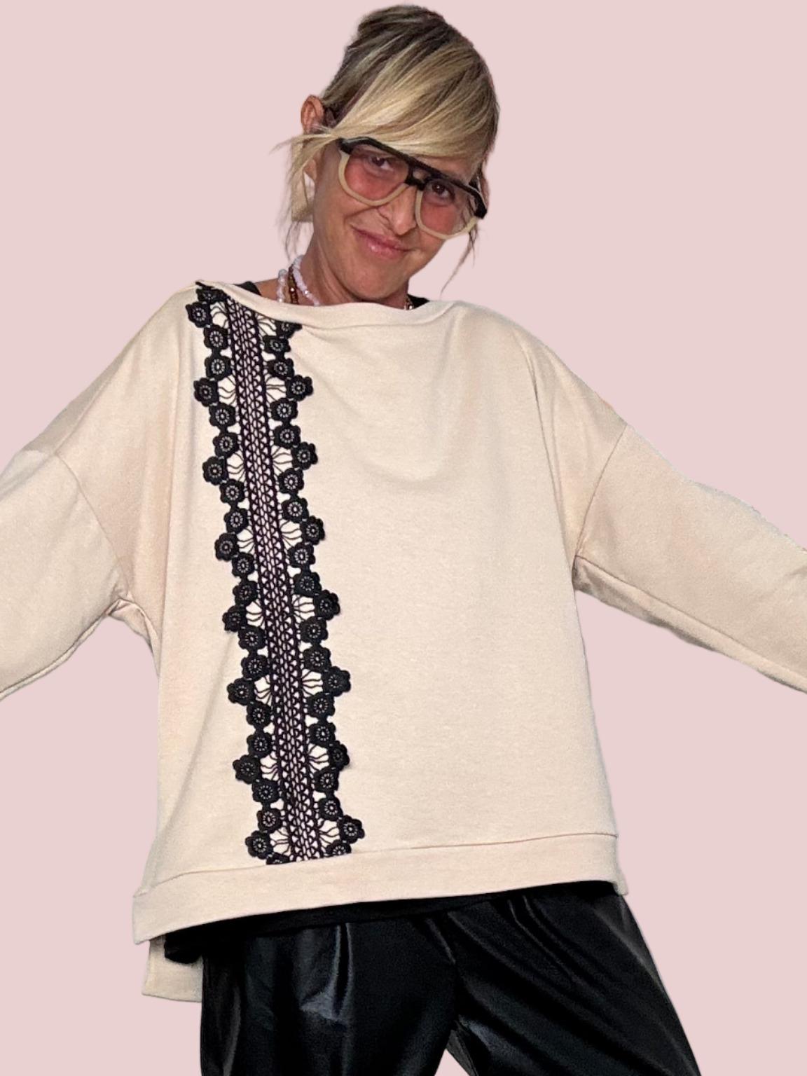 DEJA VU - FELPA CON PIZZO A25RH404/ BEIGE DEJA VU 