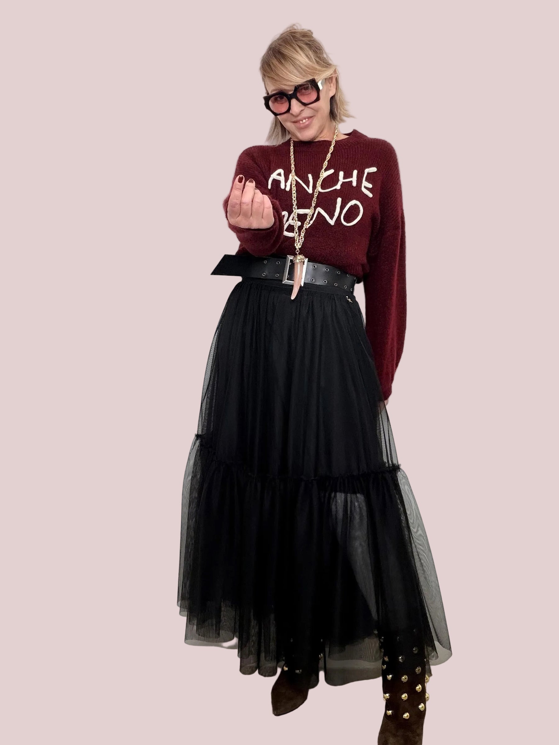 FEMALE - Maglia over con scritta ANCHE MENO VINO BEIGE A3019/ VINO/BEIGE FEMALE 