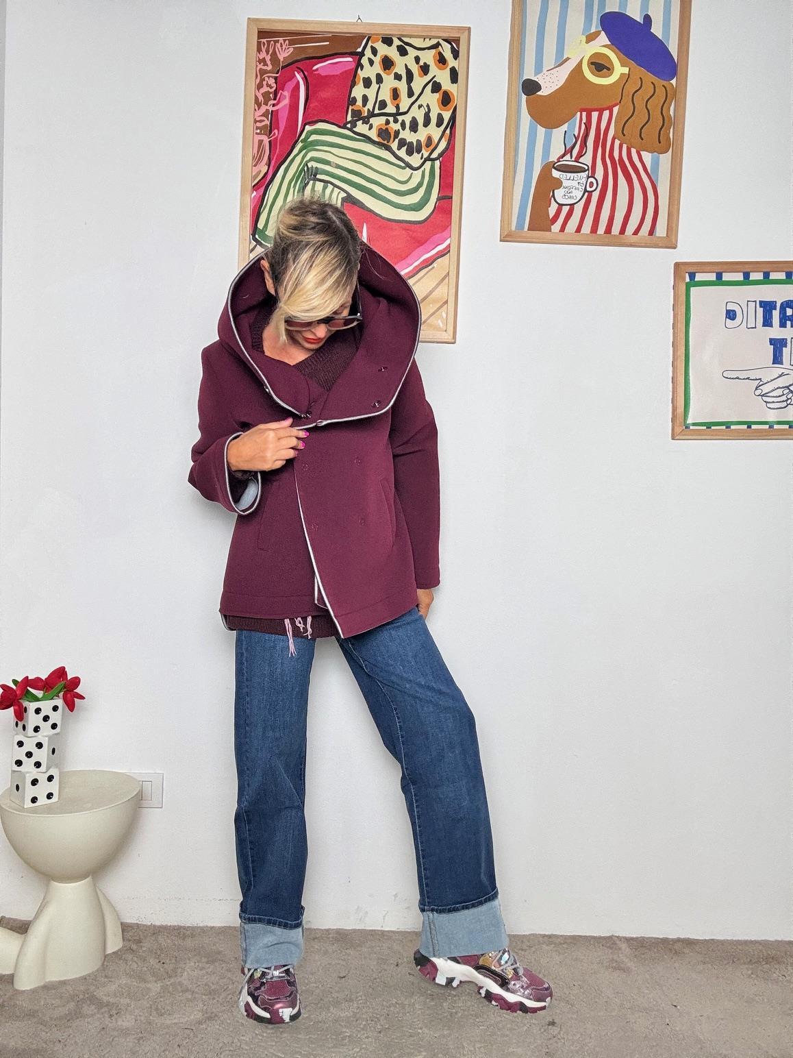 DEJA VU - Giacca donna in neoprene con collo ampio  stile urban chic bordeaux A25UN607/ BORDEAUX DEJA VU 