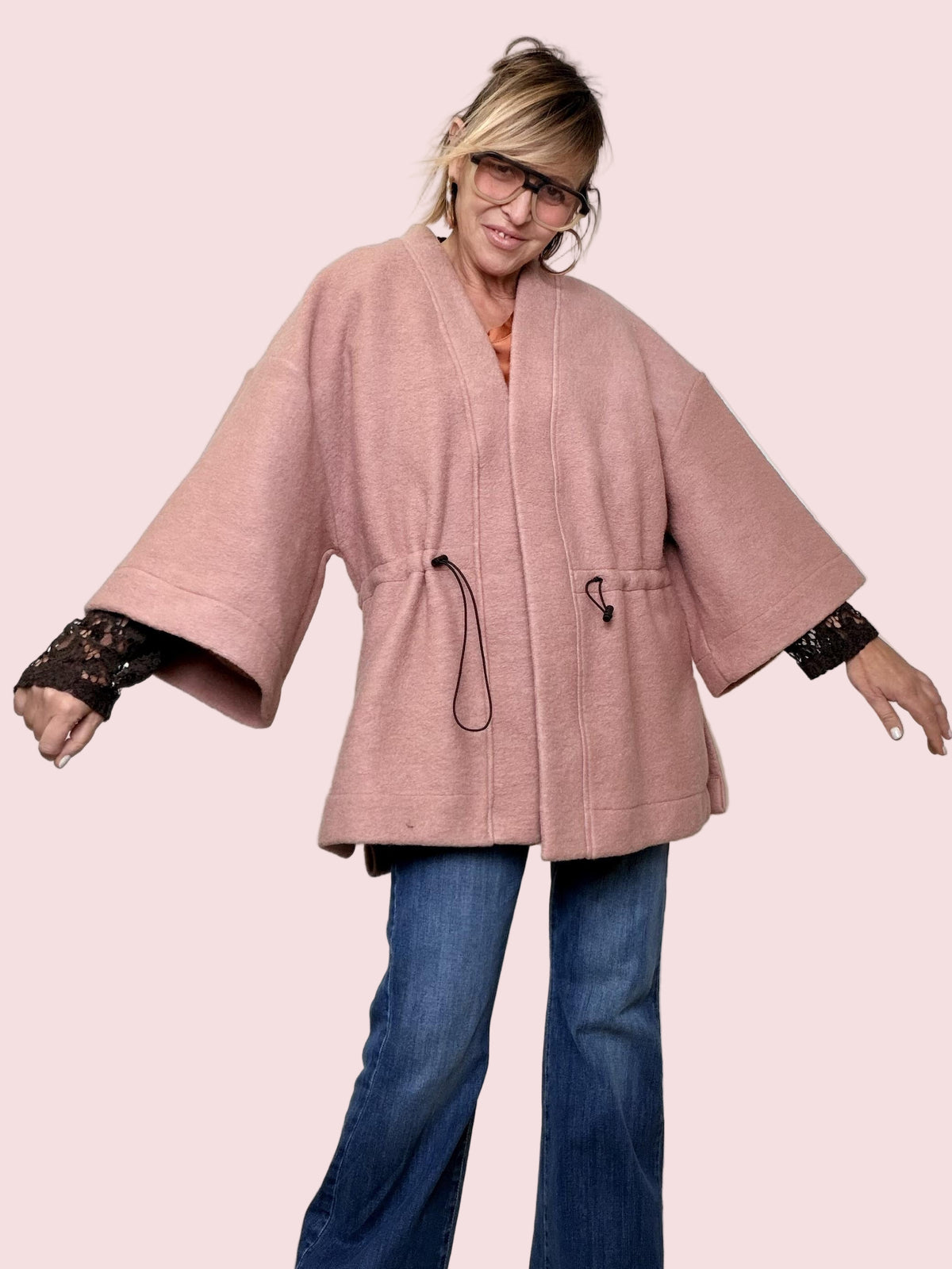 DEJA VU - Poncho donna stile kimono  Essenziale fuori, sorprendente dentro A25LU602 / ROSA DEJA VU 