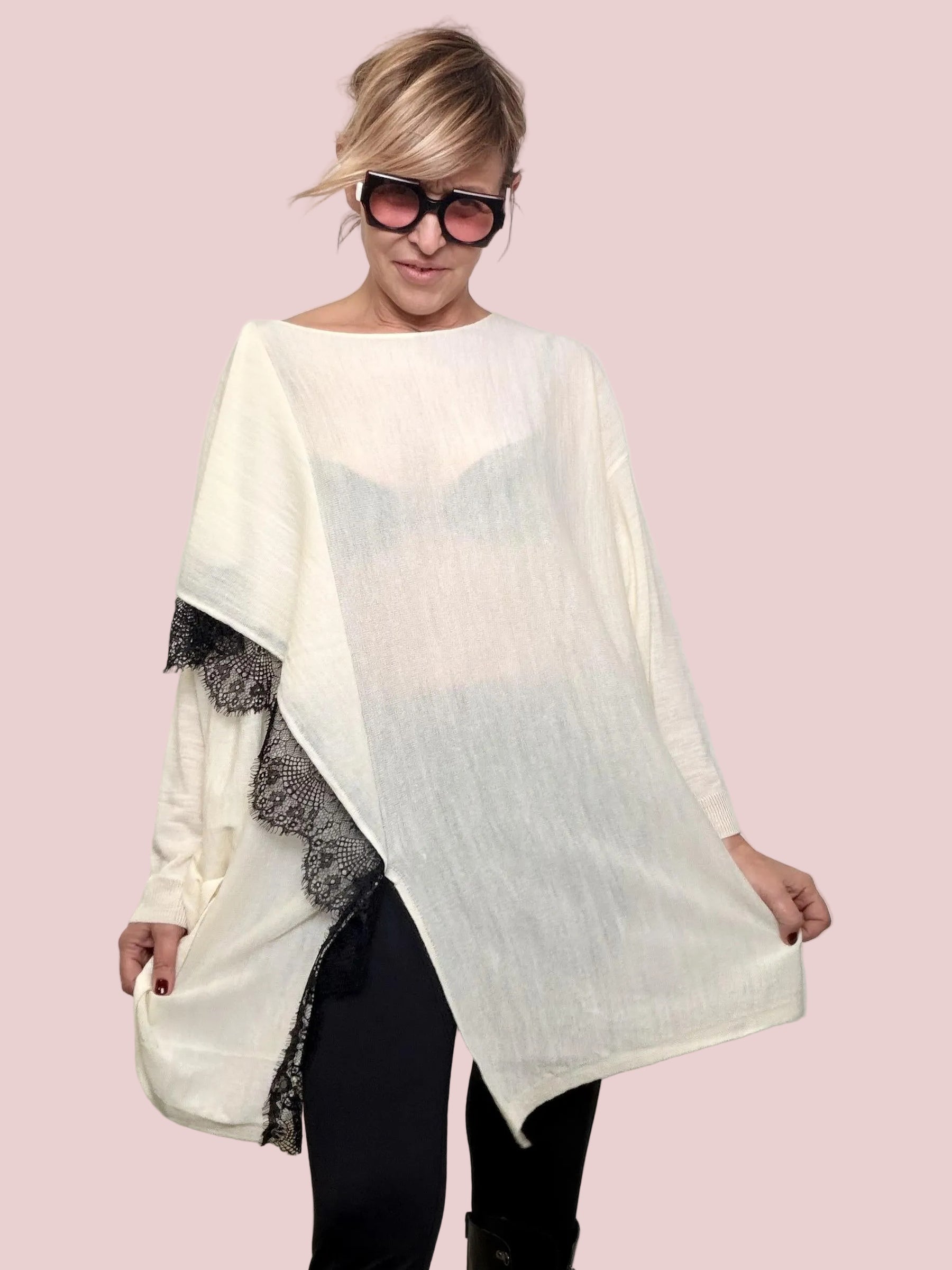 Maglia Over Asimmetrica Effetto Velo ST78539/ LATTE SUSY STAR 