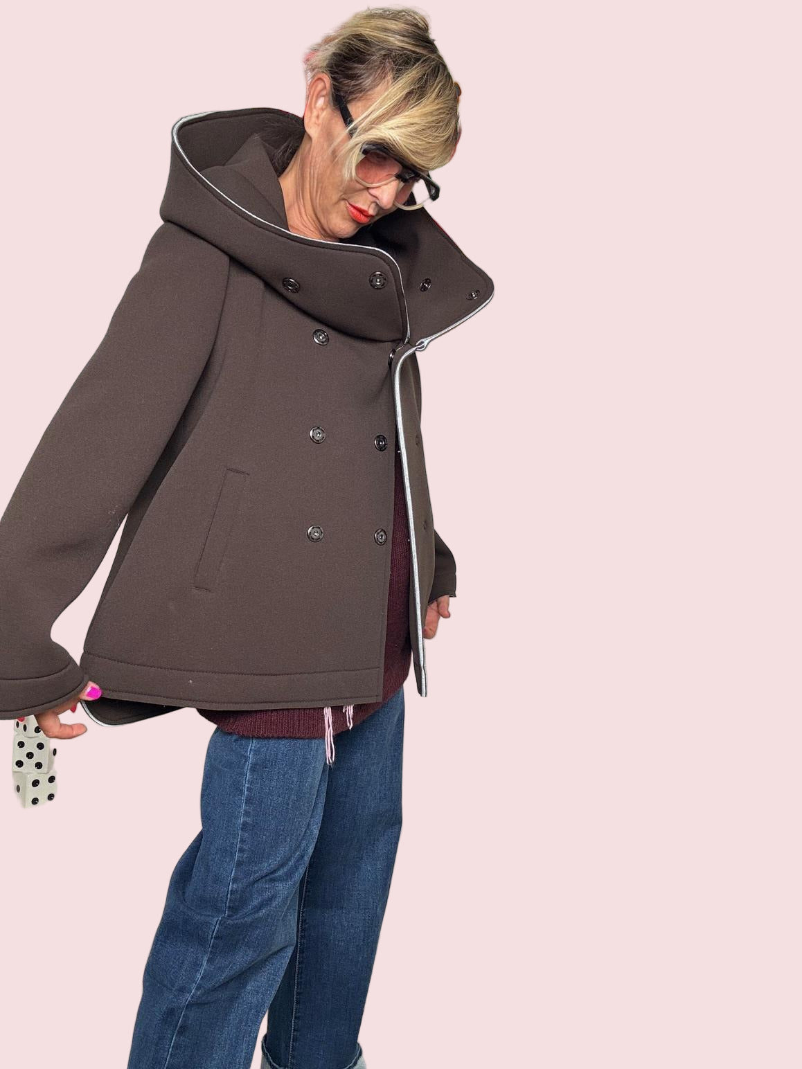 DEJA VU - Giacca donna in neoprene con collo ampio  stile urban chic moro A25UN607/ MORO DEJA VU 