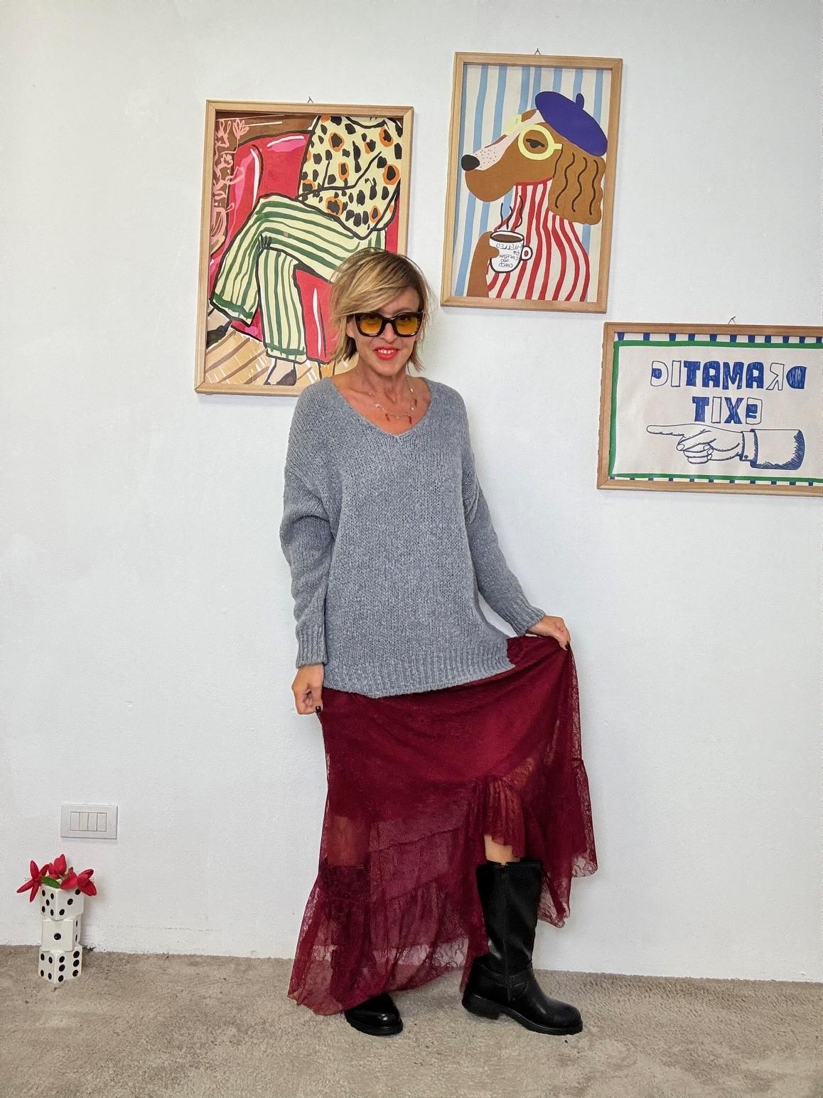 DEJA VU - Gonna lunga in pizzo con doppio effetto VINO A25AN302/ VINO DEJA VU 