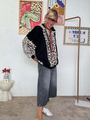 FEMALE -Felpa oversize fantasia animalier e righe R51236/ NERO MULTI FEMALE 