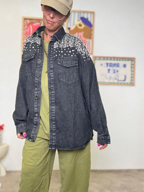 SUSY STAR - Giacca camicia in denim con zirconi  stile grintoso e chic STMF2537/ NERO SUSY STAR 