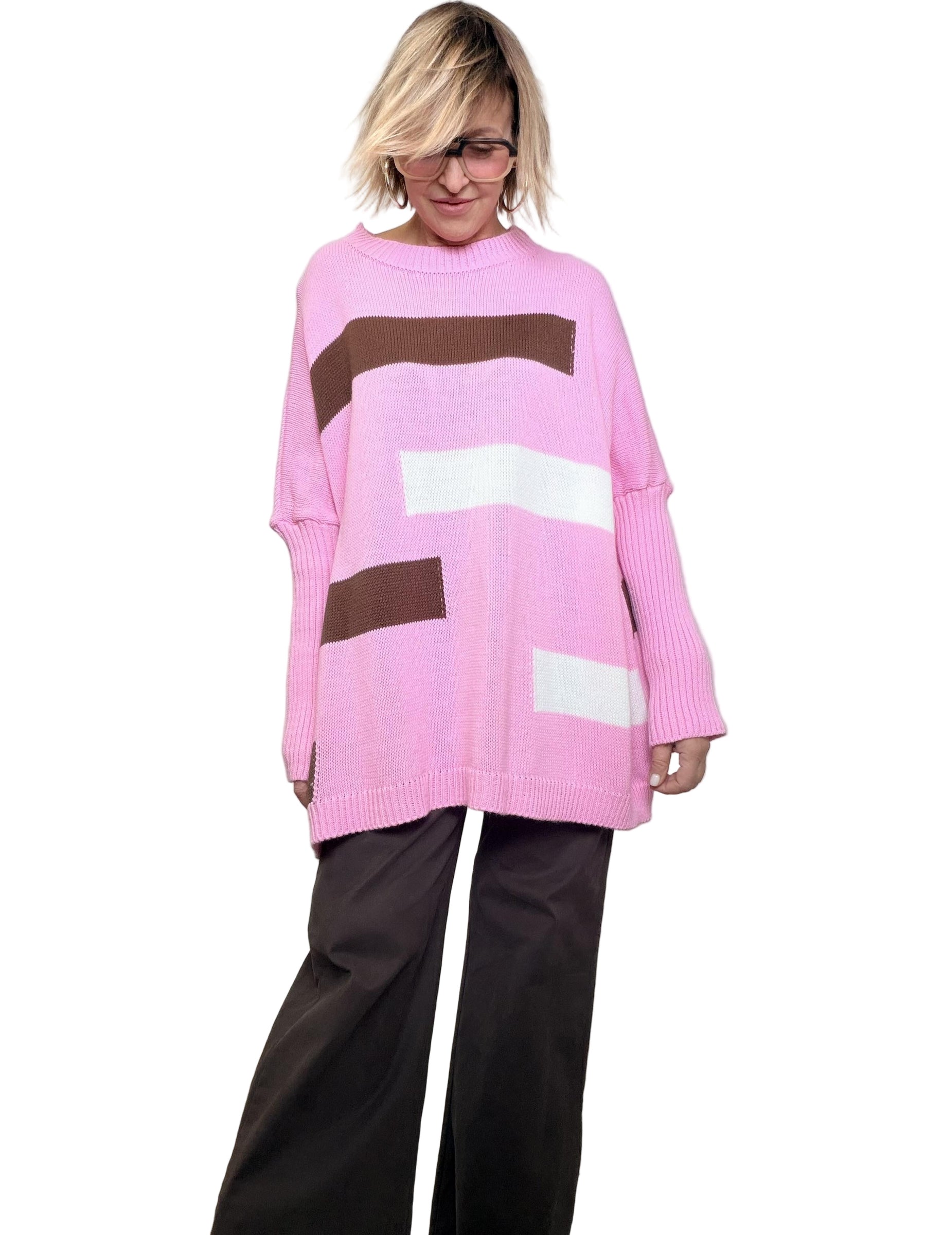 FEMALE - MAGLIA OVER FANTASIA GEOMETRICA  ARTE ADDOSSO, COMFORT GARANTITO 8056/ ROSA FEMALE 