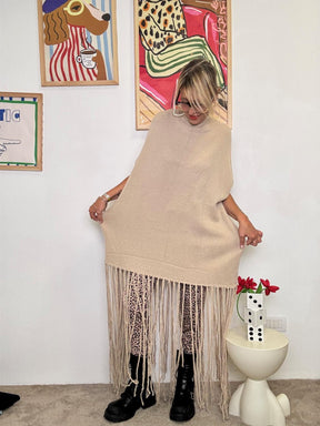 FEMALE - Abito Poncho con Maxi Frange  Boho, Morbido, Super Scenografico! ZM35098/ CAMMELLO FEMALE 