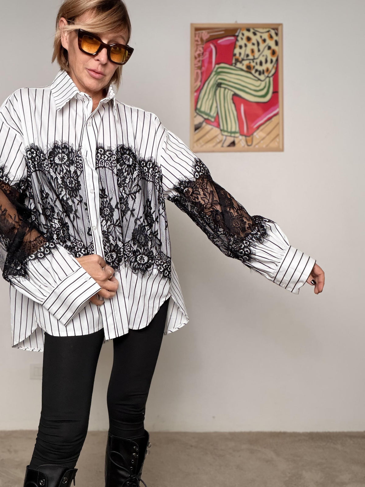 FEMALE - Camicia Over Righe e Pizzo Nero 15750-9/ RIGA NERA FEMALE 