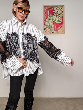 FEMALE - Camicia Over Righe e Pizzo Nero 15750-9/ RIGA NERA FEMALE 