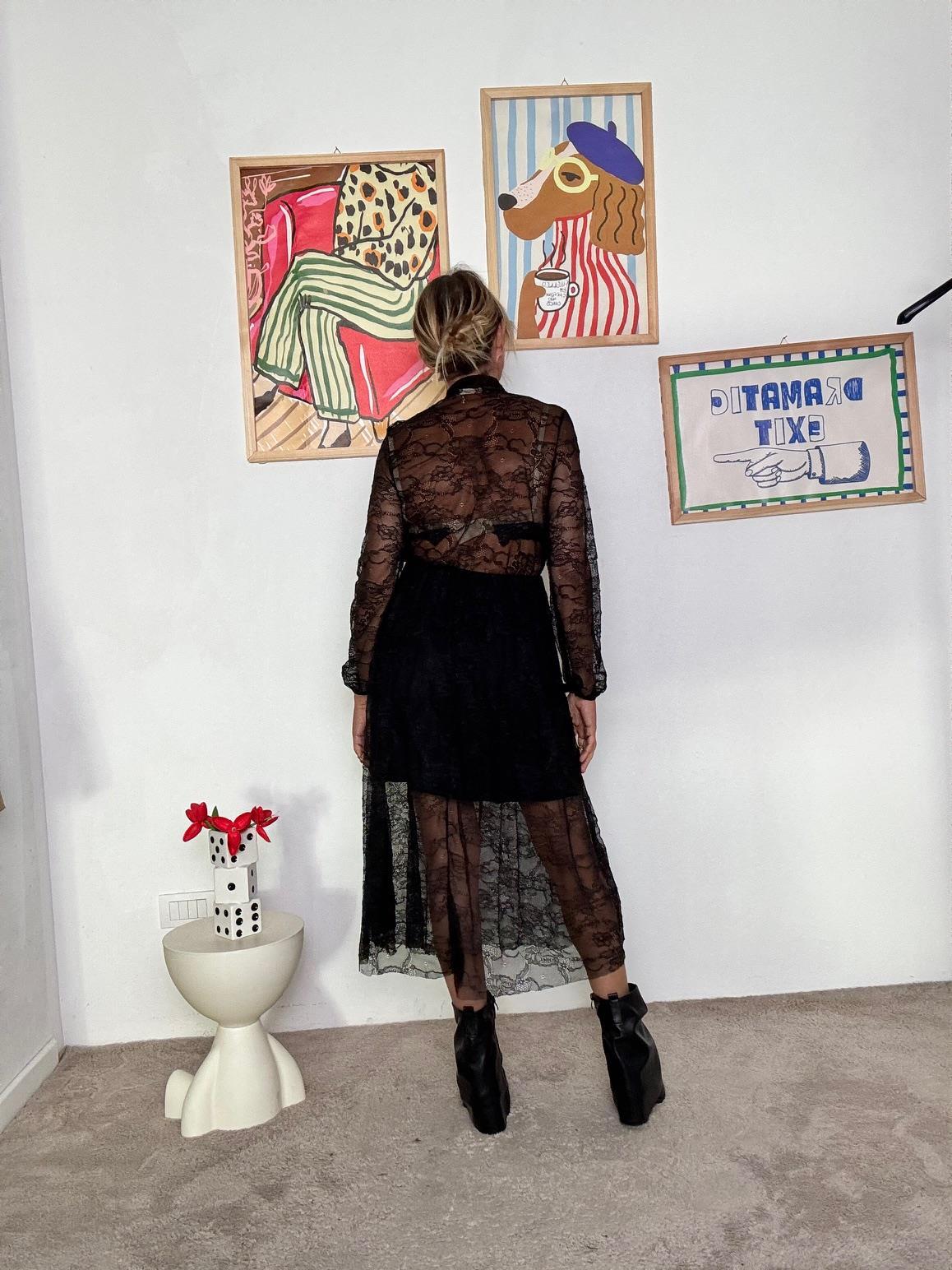 FEMALE - Abito midi in pizzo nero con trasparenze chic e nodo al collo 38560/ NERO FEMALE 