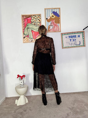 FEMALE - Abito midi in pizzo nero con trasparenze chic e nodo al collo 38560/ NERO FEMALE 