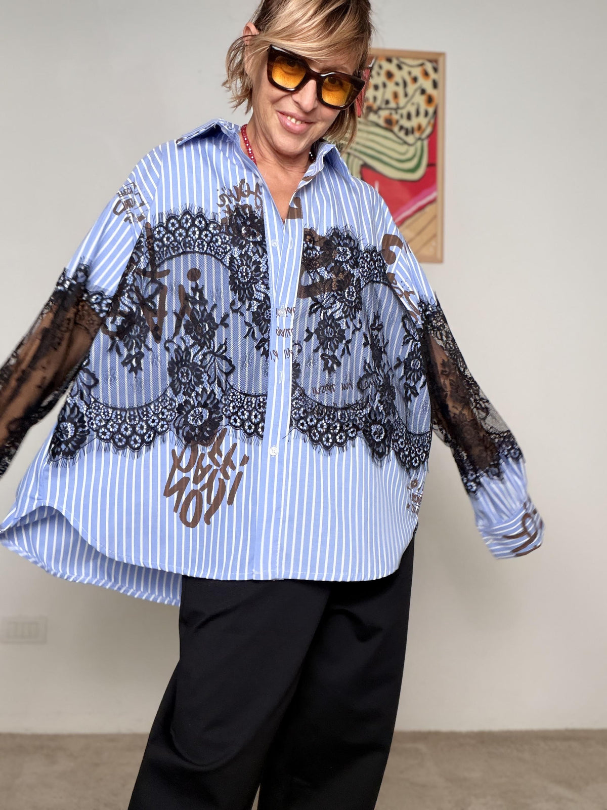 FEMALE_ Camicia a righe con pizzo Lace Vibes 15750-8/ CELESTE FEMALE 